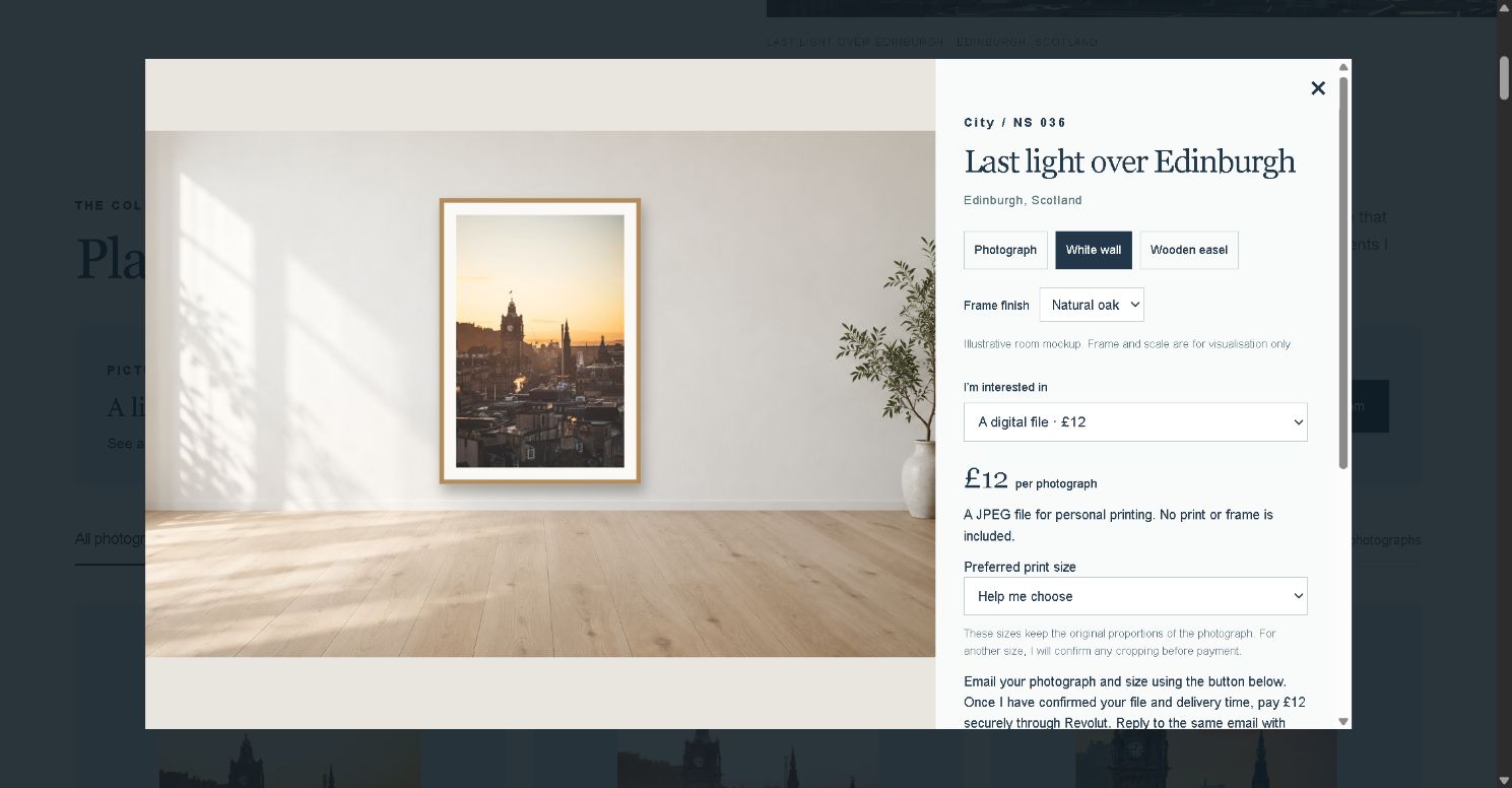 North and Stone room preview showing an Edinburgh photograph in an oak frame with format and size choices