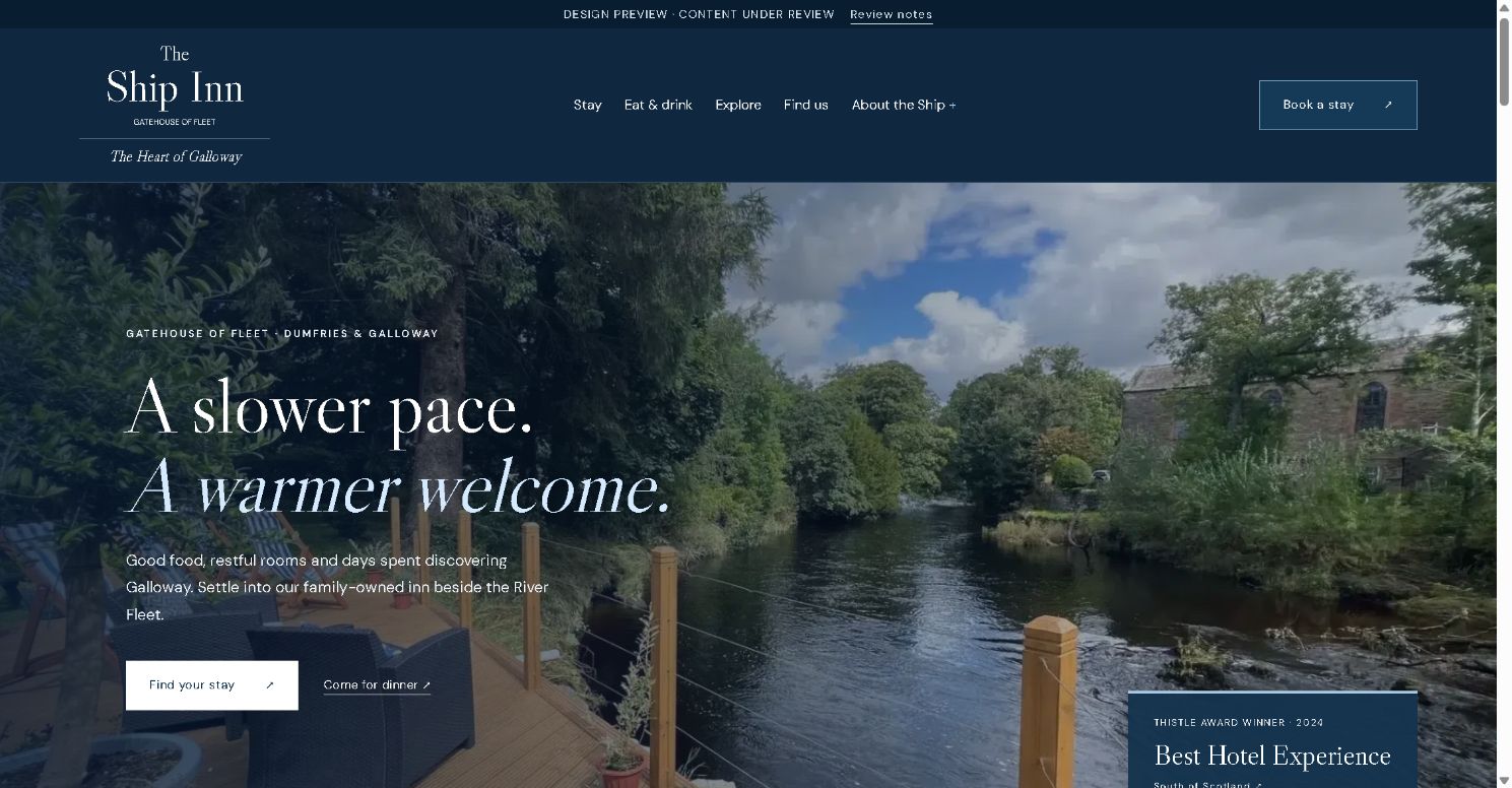 After preview: a concise navigation, riverside introduction and clear routes to a stay or dinner