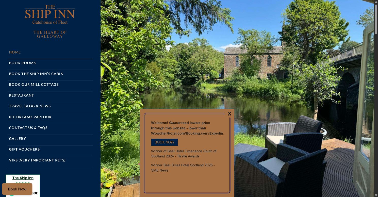 Before: the existing Ship Inn homepage with a long side navigation and booking popup